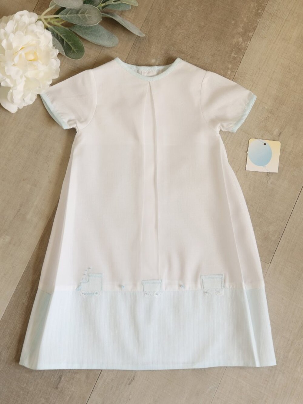Boys Preemie Daygown  White and Blue Train Appliqué Embroidery Coming Home NWT